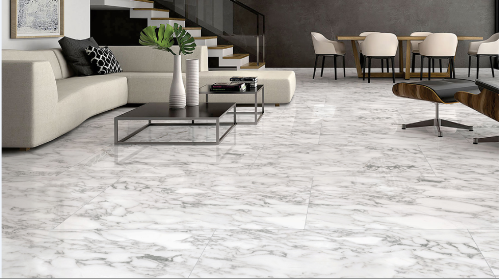 Gạch nền với hiệu ứng điêu khắc tái hiện vẻ đẹp thanh khiết của vân đá Calacatta, dòng đá nổi tiếng được tìm thấy từ nhiều rặng núi vùng Carrara, nước Ý.